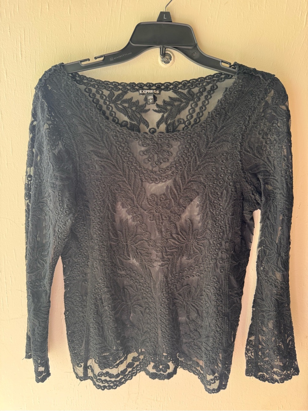 Express Black Sheer Lace Long-Sleeve Blouse
